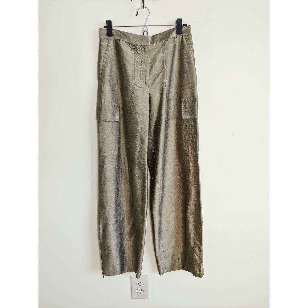 Gunex - Cucinelli Tan Green Silk Wide Leg Pants